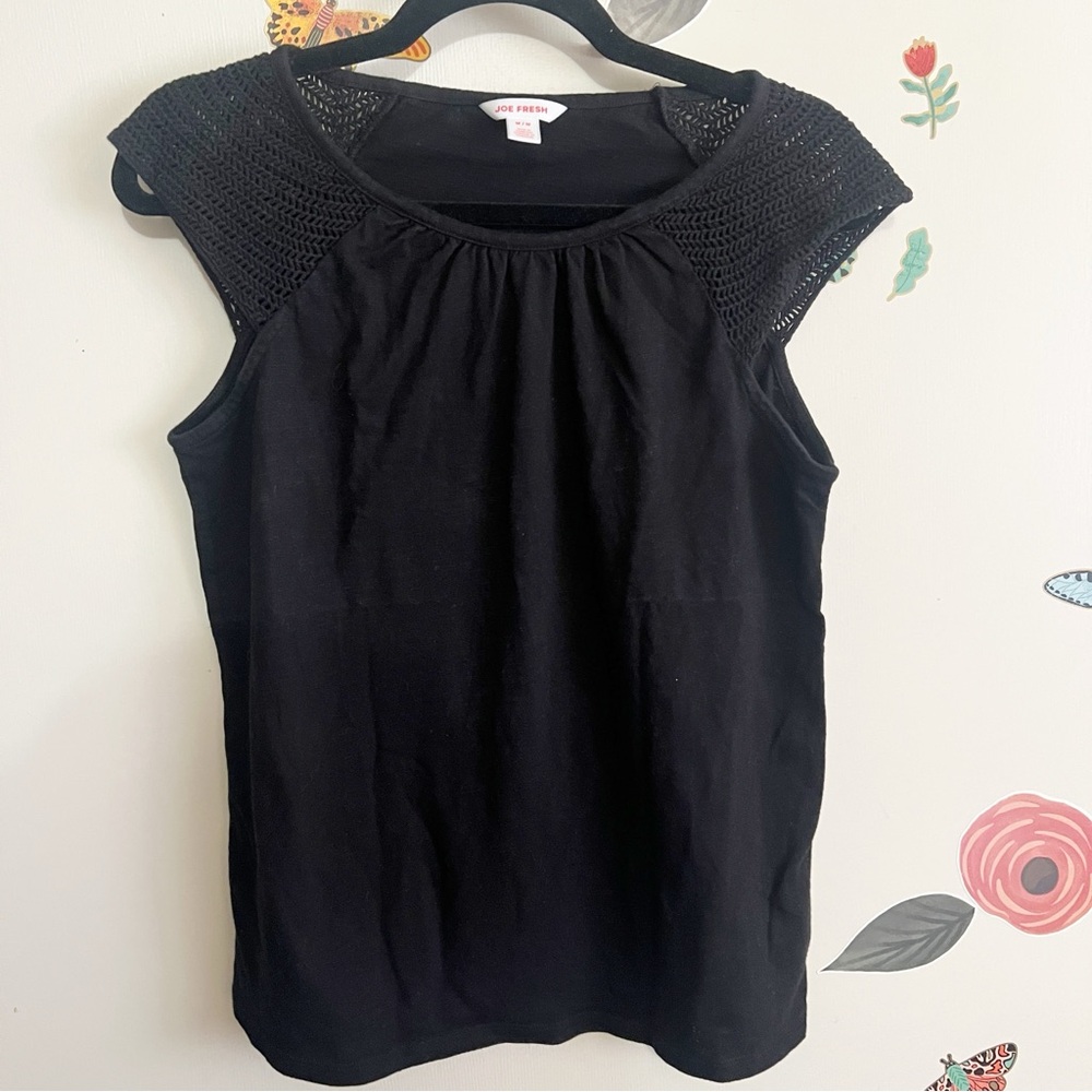 Joe Fresh Black Crochet Cap-Sleeve Top M